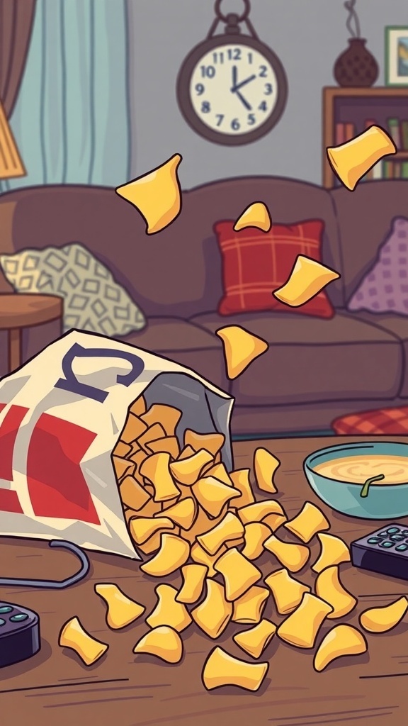 A colorful bag of potato chips spilling onto a table with a bowl of dip, perfect for a movie night.